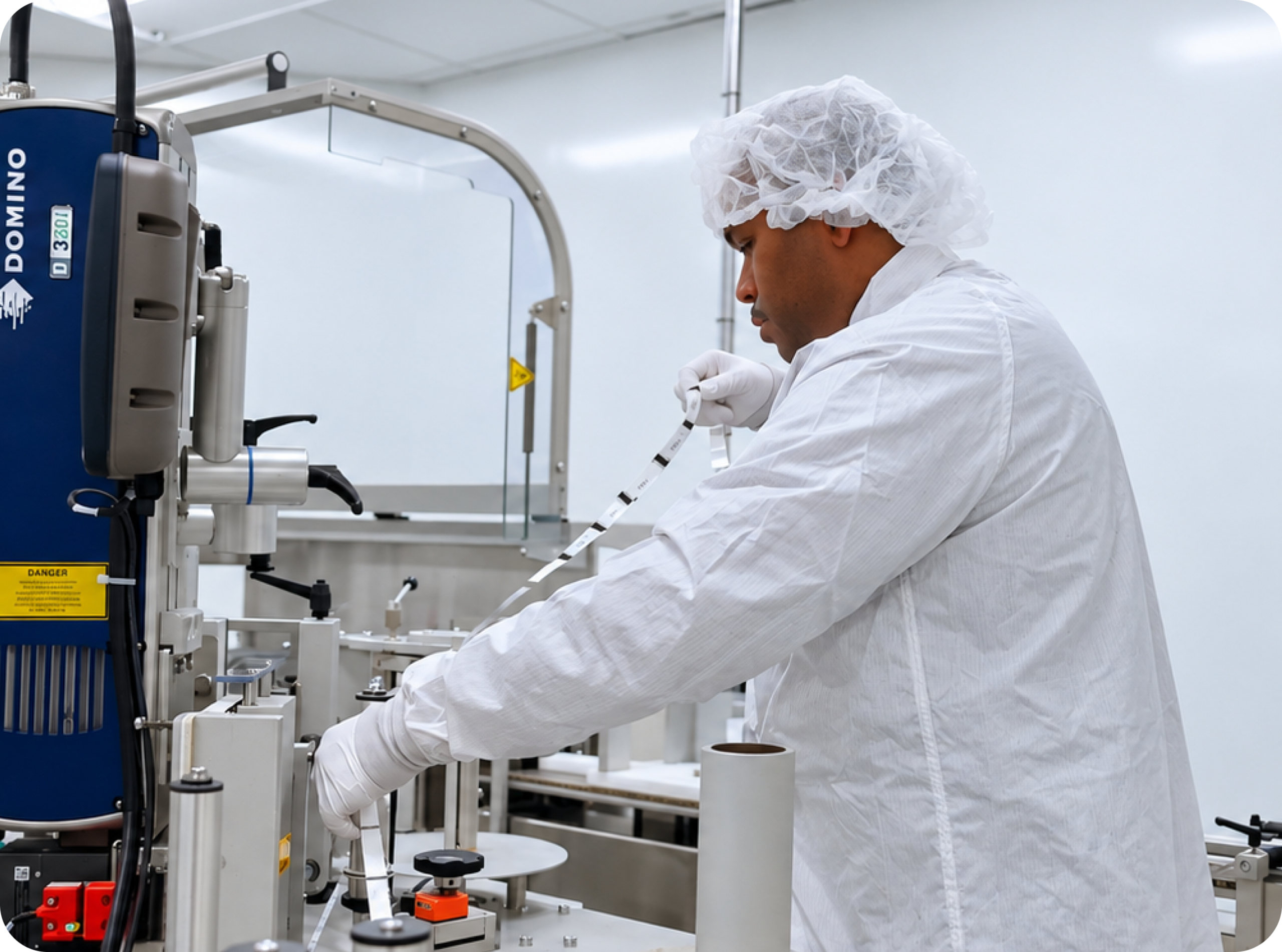A cleanroom technician operating labeling equipment
